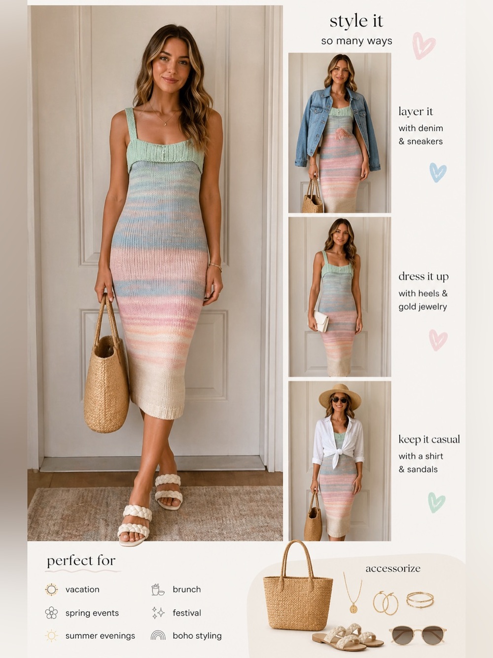 NWT 525 America Taffy Multi Knit Midi Dress XS Pastel Bodycon Revolve